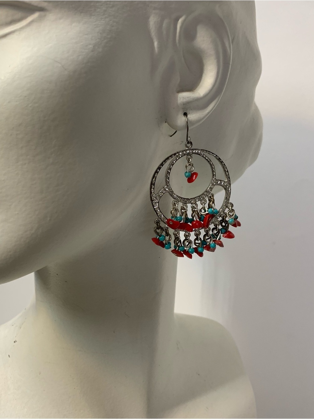 Vintage Boho Silver Hoop Chandelier Dangle Earrings Turquoise Red Coral